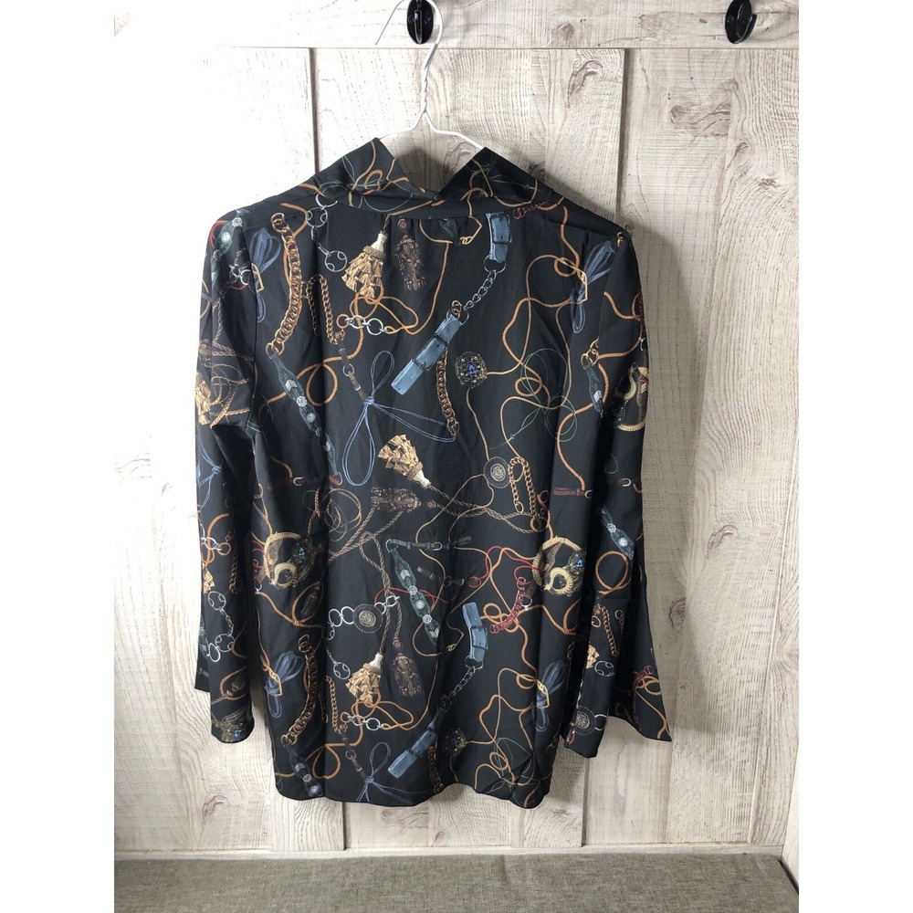 Drapers & Damons Womens Black Equestrian Chain Print V-Neck Blouse Size M - Picture 2 of 6